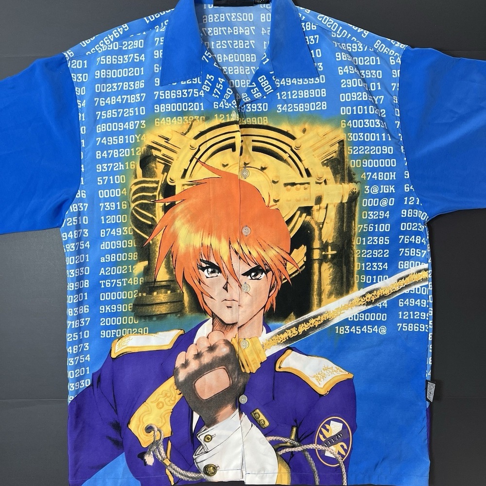 Vintage Anime Graphic Short Sleeve Button Up Veezo Shirt Mens Large Blue Y2K